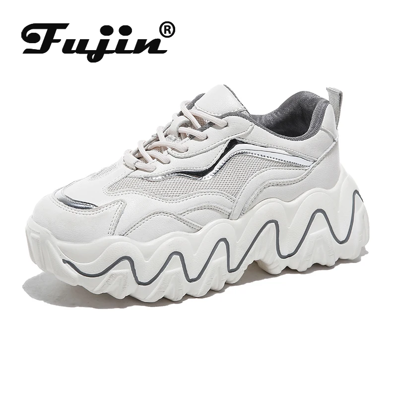 Женские кроссовки на толстой подошве Fujin белые разноцветные плоской обувь для