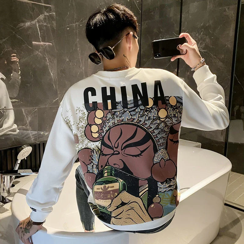 

Men's Top Long Sleeve Slim Fitting Round Neck Chinese Printed Pullover Jacket Autumn And Winter Tidal Current New Hot Sale