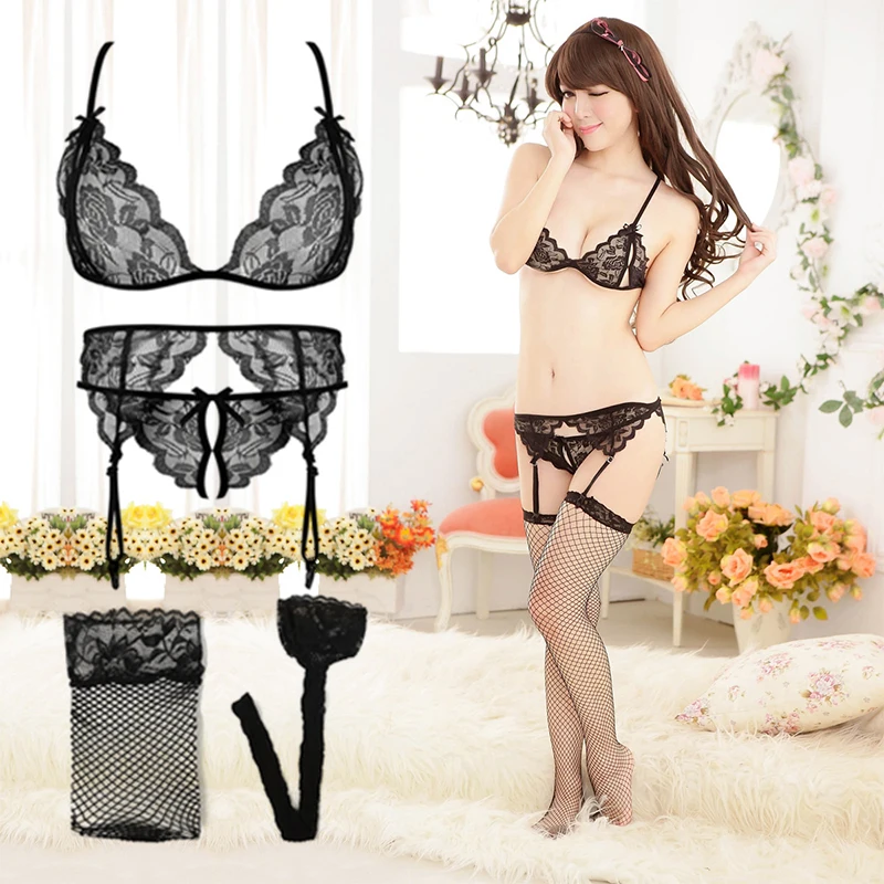 

4Pcs Set Plus Size Women Open Bra + Panty + Garters + Net Stockings Sexy Lingerie Set Lace Transparent Push Up Underwear Bra Set