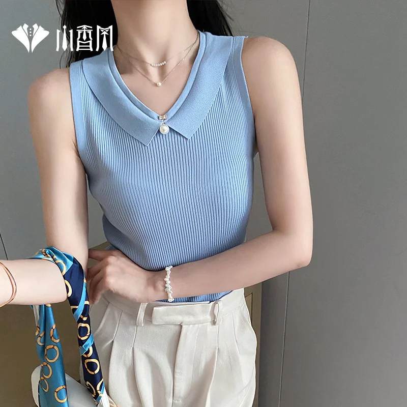 

Xiaoxiangfeng ice silk suspender vest female Xia slim fit sleevel bottoming inside and outside wearing knitwear short thin top