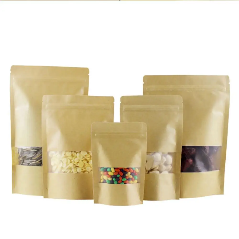

Candy Bag 50 Pcs Self-Sealed Transparent Package Bags Scrub with Window Ziplock Kraft Paper Sturdy Nut Bag