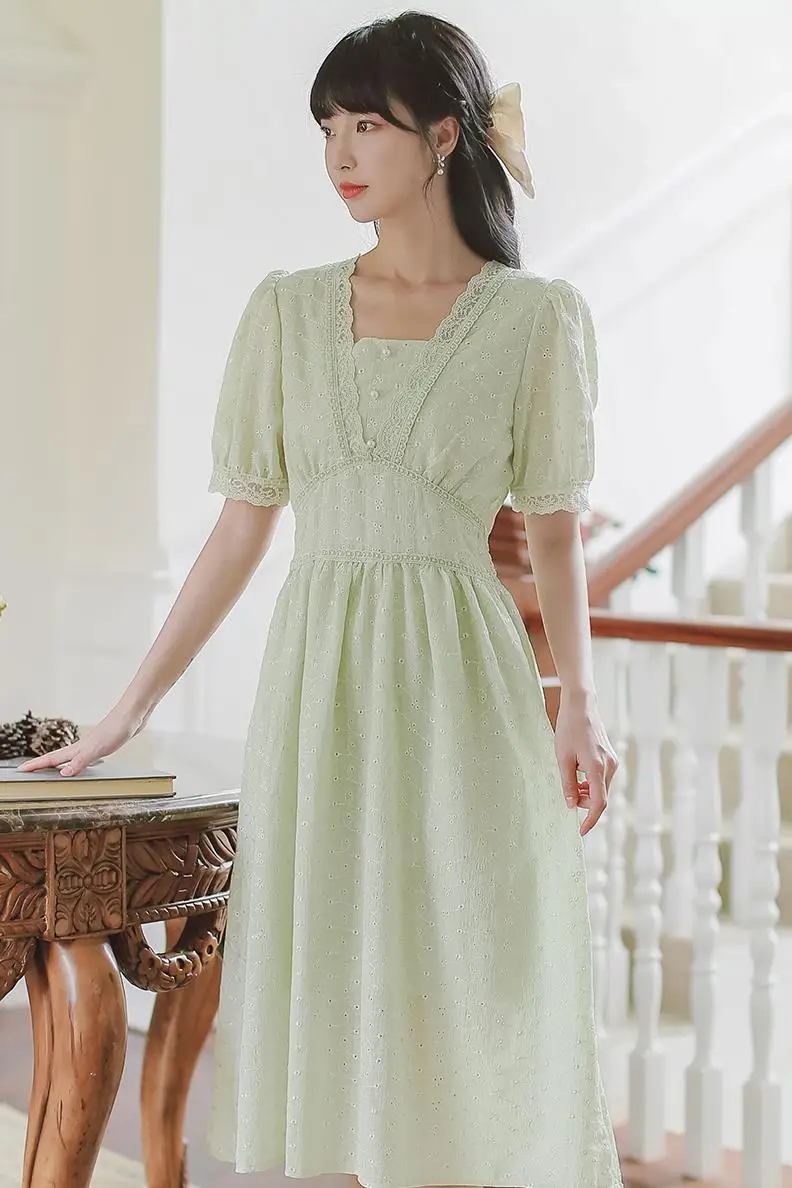 

COIGARSAM Cute Solid Women dress French Style Dresses Green Blue 991