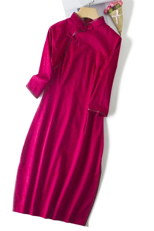 

New Style Summer Women's 2020 Solid Red Seven-point Sleeve Cheongsam Chinese Style Daily Dress Retro Mid-length Cheongsam