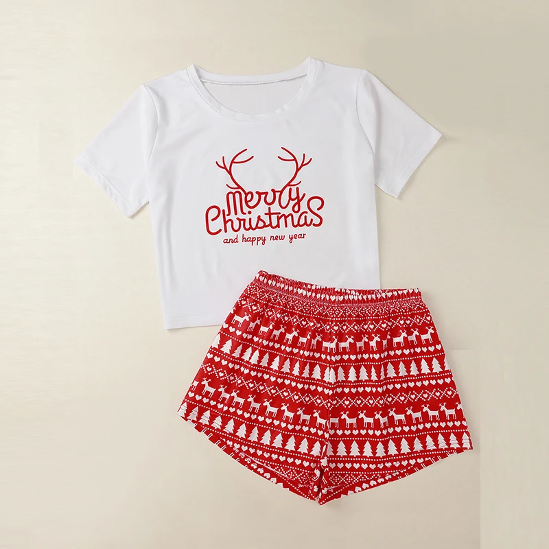 

2020 Casual Christmas Letter Pritned Printed Short Sleeve Tshirt Shorts Pajama Set Women Christmas Pajamas DropShipping