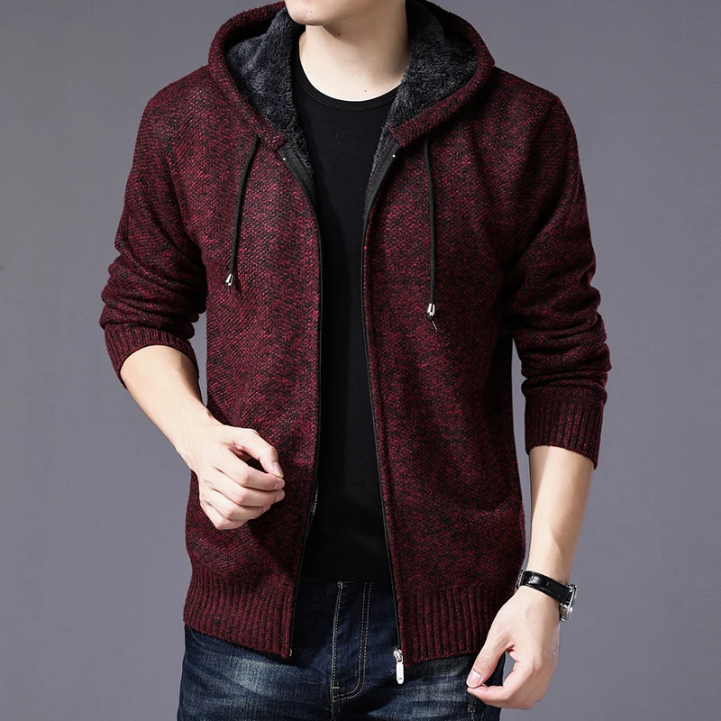 

2020 Winter Thick Warm Hooded Cardigan Jumpers Men Striped Wool Liner Zipper Fleece Coats Men