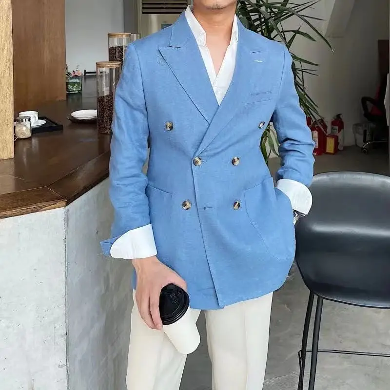 Летний бежевый льняной костюм для пляжа свадьбы мужской из 2 предметов