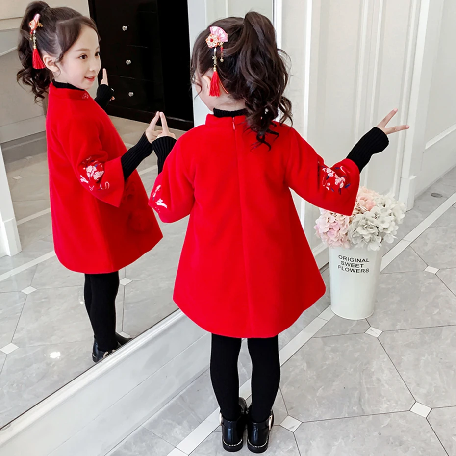 Пальто для девочек красное шерстяное пальто детская верхняя одежда с цветочной