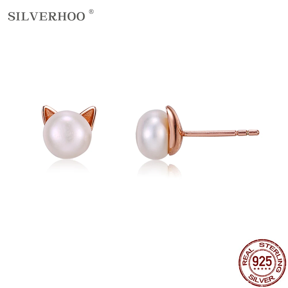 

SILVERHOO 925 Sterling Silver Natural Freshwater Pearl Earrings For Women Girl Cute Kitten Stud Earring Luxury Silver Jewelry