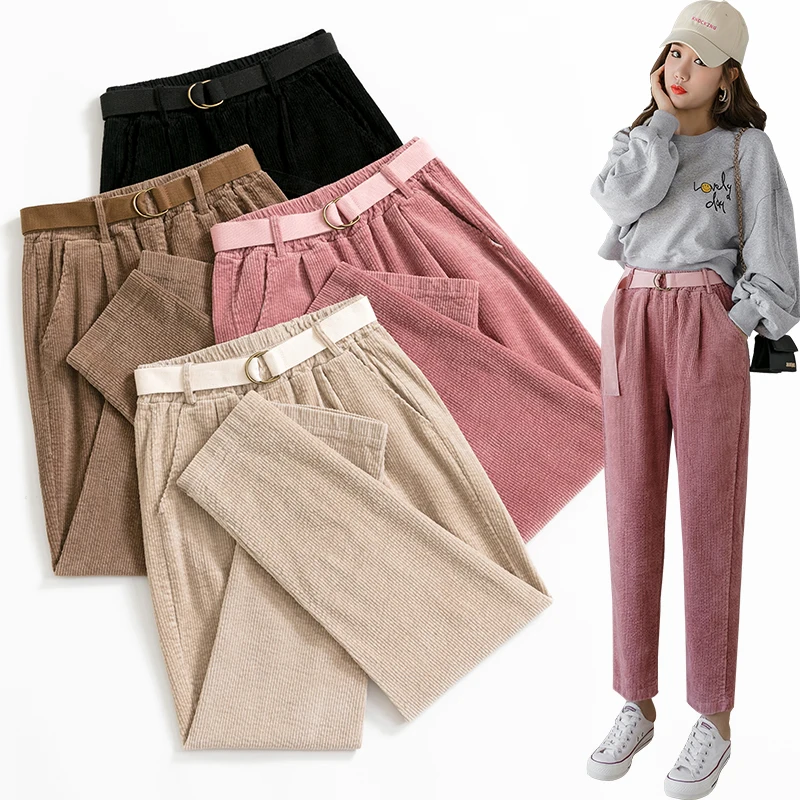 Осенне зимние вельветовые штаны шаровары с высокой талией женские свободные