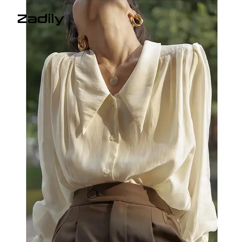 

Zadily Chic French Vintage Loose Chiffon Shirt Women Button Up Turn Down Collar Solid Puff Long Sleeve Blouse Female Clothing