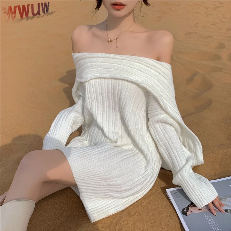 

Новые Модные осенние женские Элегантные вязаные мини-платья с открытыми плечами, женское белое свободное шикарное вечернее корейское плат...