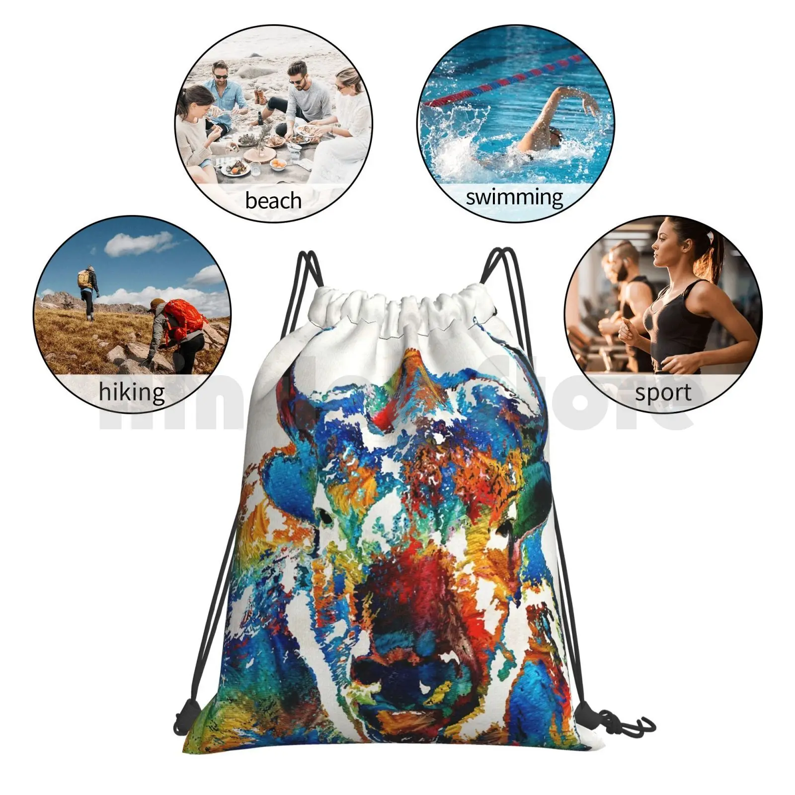 

Colorful Buffalo Art-Sacred-By Sharon Cummings Backpack Drawstring Bags Gym Bag Waterproof Buffalo White Buffalo Wild