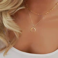 retro moon multilayer long necklace golden chain simple geometric round crescent pendant ladies beach party alloy jewelry