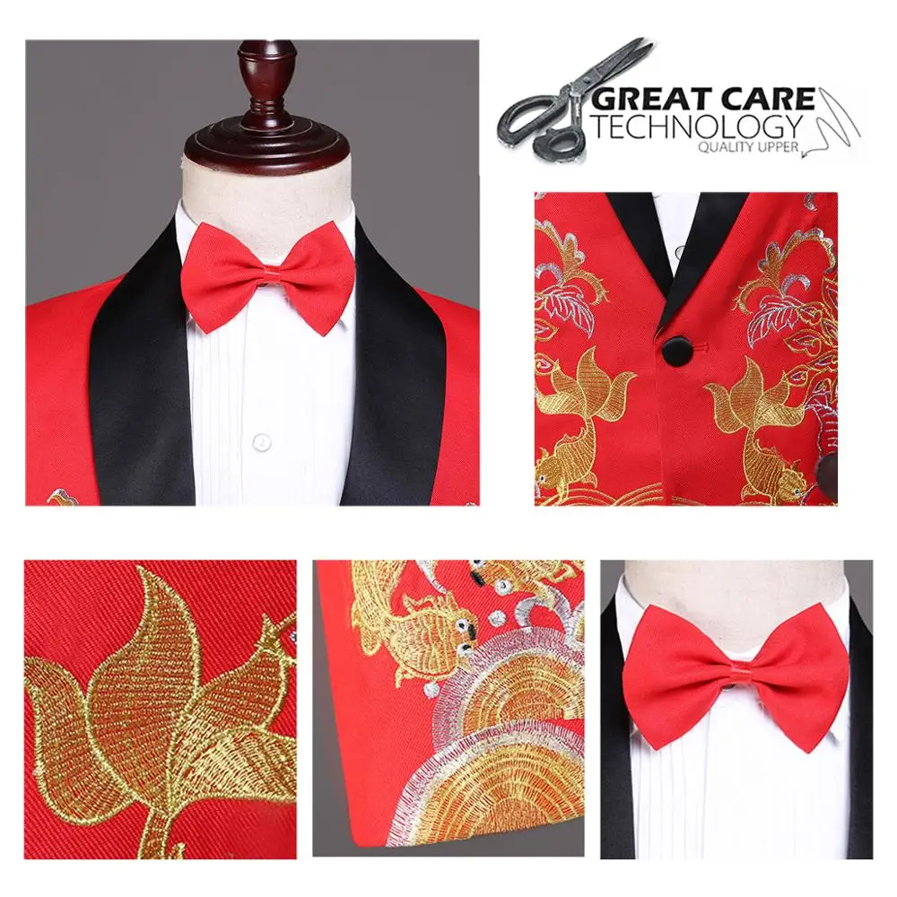 YUNCLOS Men 3 Pieces Suits One Single Button Wedding And Party Embroidered Dress (jacket + pant+ bow tie) Two Pockets | Мужская одежда