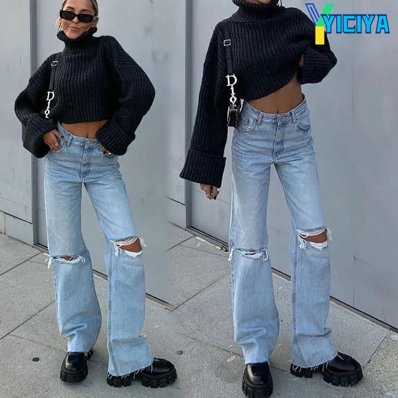 

YICIYA Cargo Pants Women Jeans High Waist Ripped Baggy Jeans Vintage Knee Hole Full Length Pants Solid Denim Trousers,met,jean
