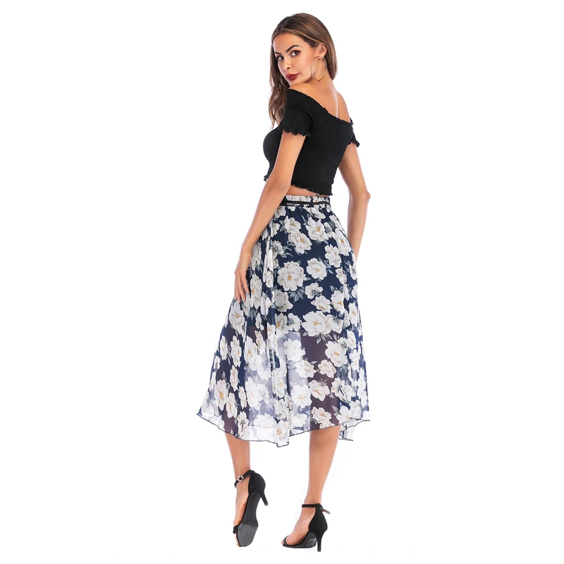 

2021 Chiffon Polka Dot Print Long Maxi Summer Skirt Women Fashion Split High Waist Floral Sp Flower Clothes