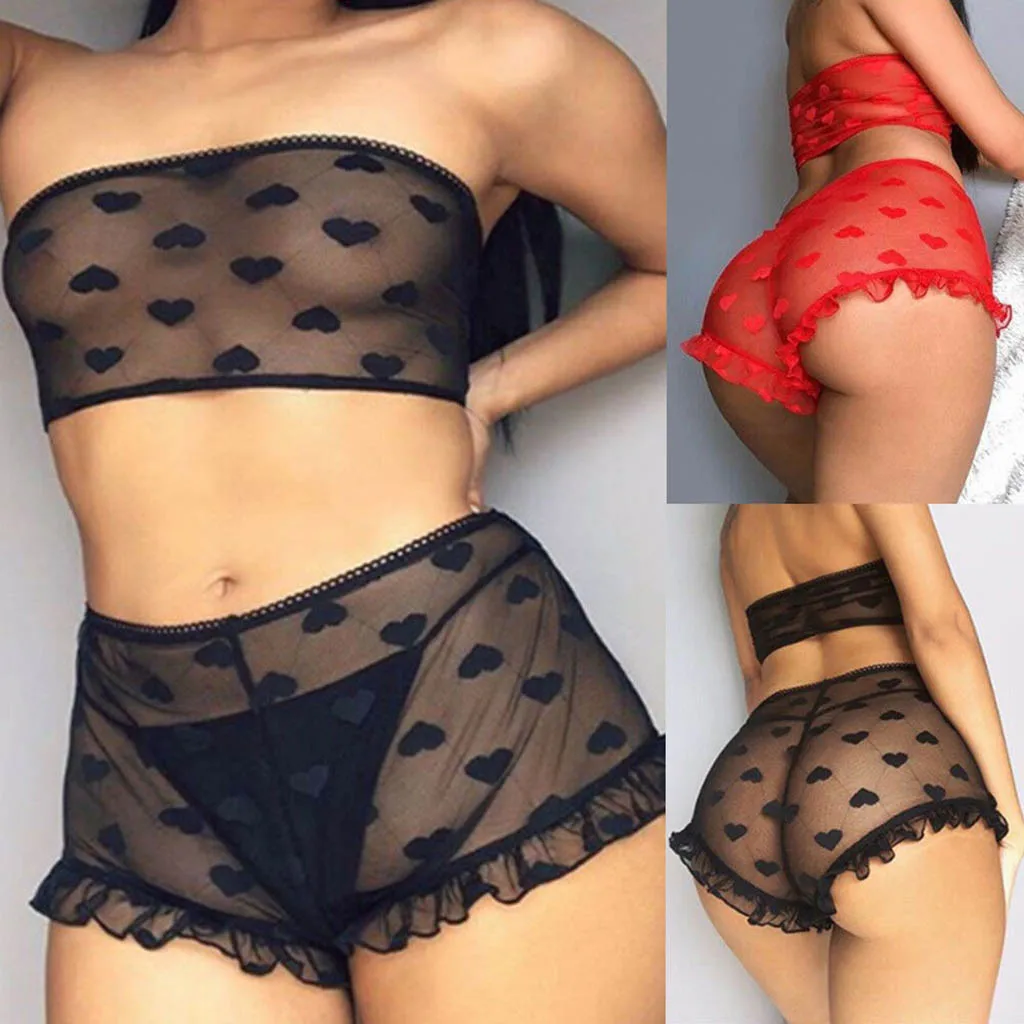 

Sleepwear Tube Top Women Sexy Stain SeeThrough Nightwear Strap Sleeveless Bra Shorts Sets Pajama Set Exotic Apparel Nightwear
