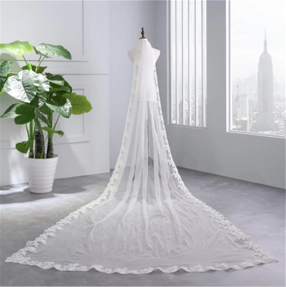 

Long Wedding Veil White 3.5 Meters Ivory Lace Bridal Veil with Comb One Layer Bridal Headpiece Voile Mariage