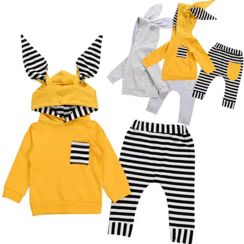 2Pcs Newborn Infant Kid Toddler Baby Boys Girls Clothes Bunny Hooded Cotton Popular Tops +Pants Outfits Set 0-24M |