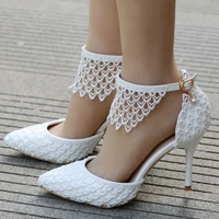 fashion elegant fringe wedding cutout lace bridal shoes cross strap buckle strap solid cover heel thin heels 9 5cm high heels