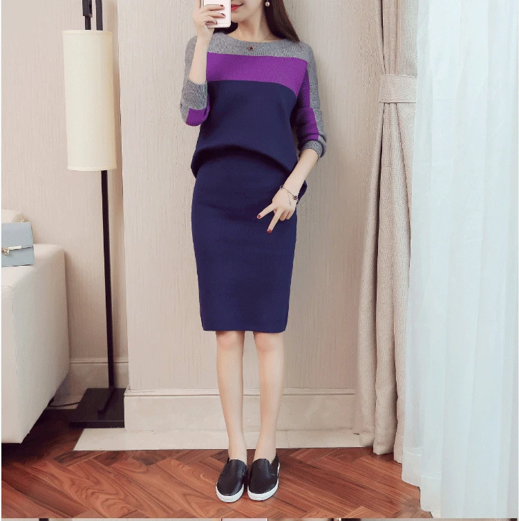 Модные женские вязаные топы + юбки Костюмы комплект из двух предметов 2018 новый