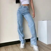 straight jeans for women 2021 spring and autumn high waist slim fit casual slit washed mom smart trousers