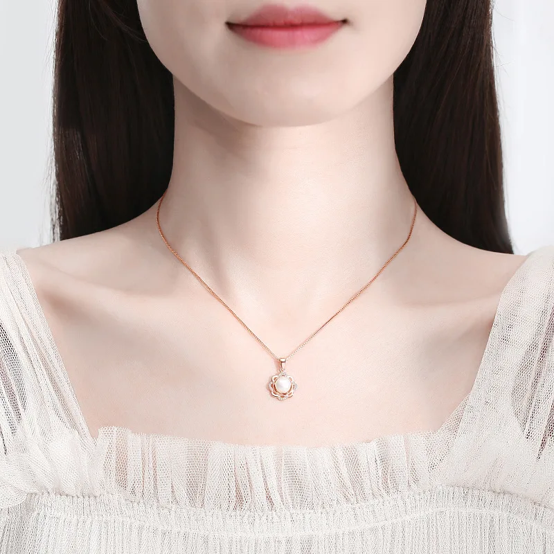 

S925 Sunflower Pearl Pendant Female Light Luxury Temperament Flower Clavicle Chain Sterling Silver Rose Gold Necklace Gift