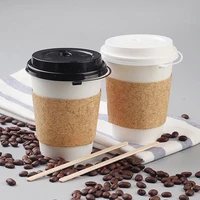 50pcs high quality white disposable coffee cup cold hot drink takeaway packaging paper cup with lid and kraft paper sleeve