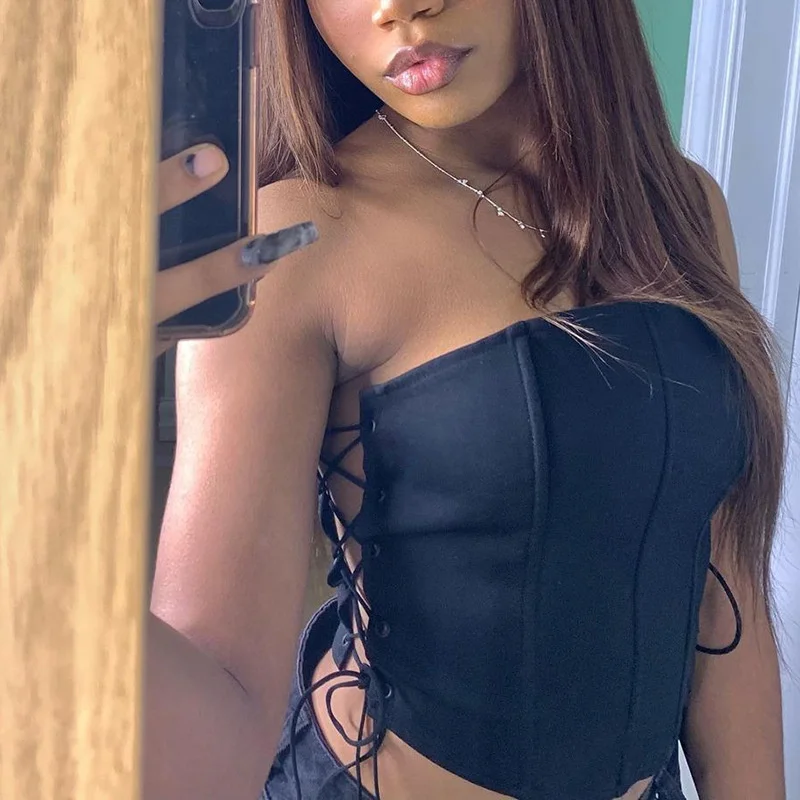 

CHRONSTYLE топы с открытой спиной и открытыми плечами женские летние корсеты модные боковые перекрещивающиеся сбоку ажурные на шнуровке бюстье ...