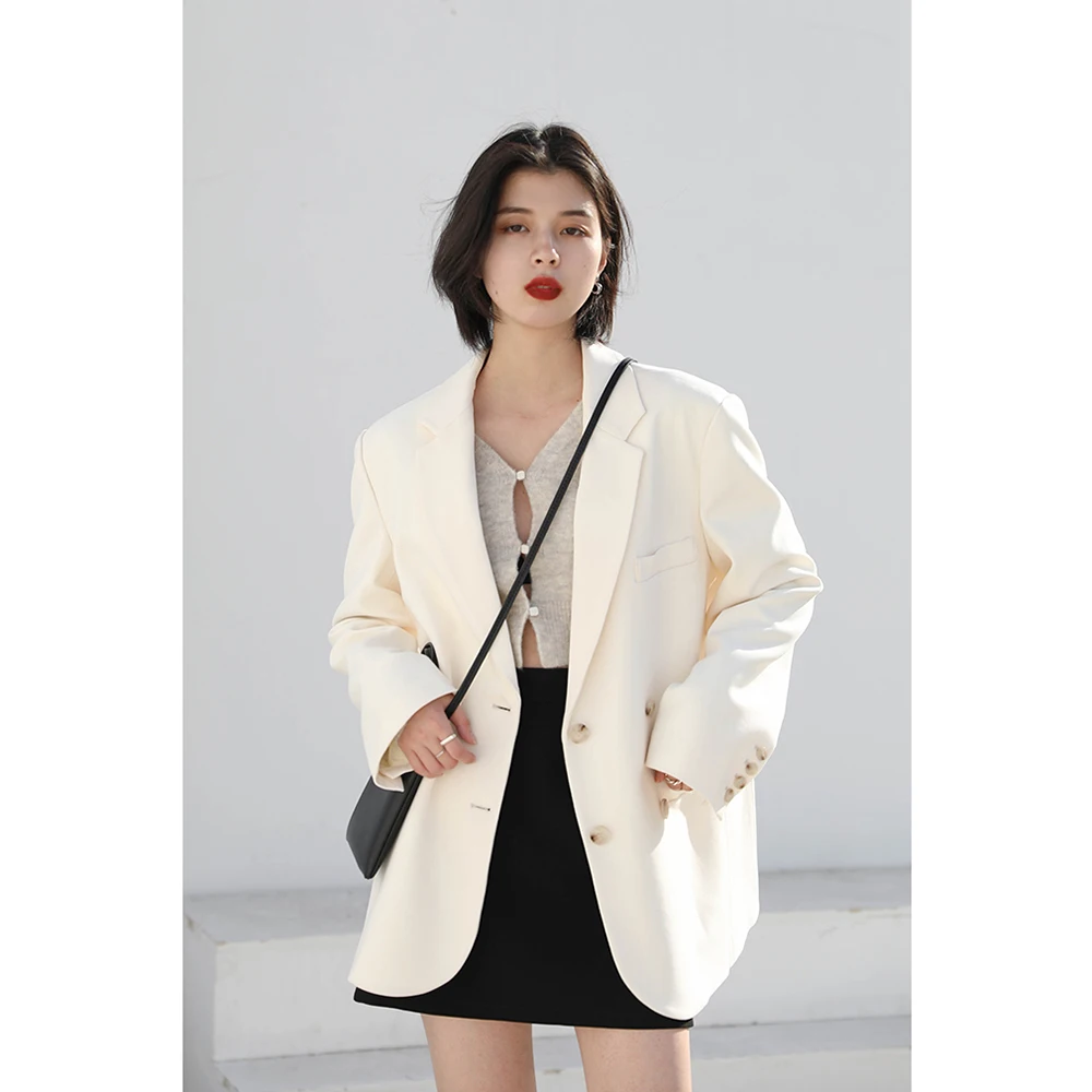 

Fashion Collared Button Up White Black Female Blazer Casual With Pocket Loose Baggy Blazers Women Spring Autumn Clothes