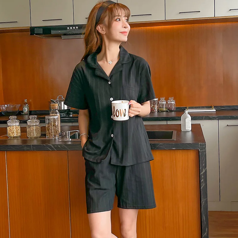 

New Summer Pajamas Set Turn-down Collar Short Sleeves Shorts Sleepwear Women Cotton Pyjama Home Wear Girls Pijamas M-3XL