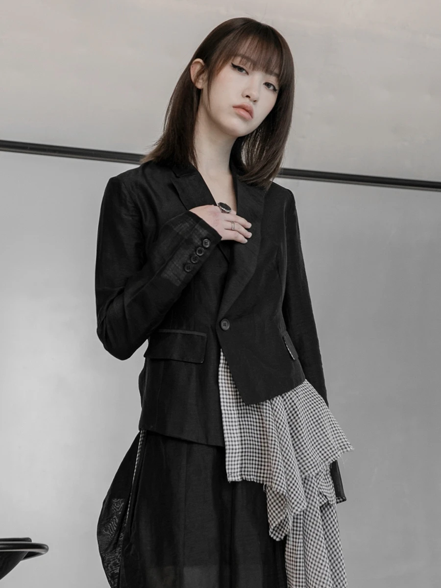 

SuperAen 2021 Spring New Solid Black Single Breasted Notched Slim Linen Suit Casual Blazer Women