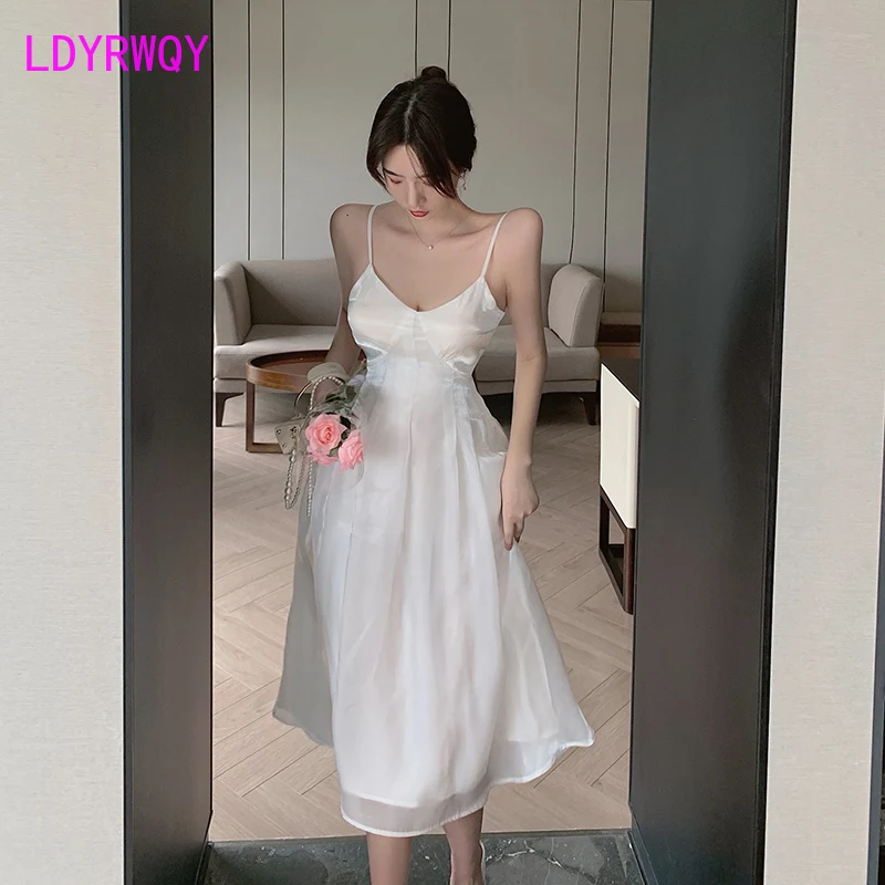 

LDYRWQY 2021 summer new Korean version of V-neck sexy slim ladies wear fashionable solid color suspender dress Polyester