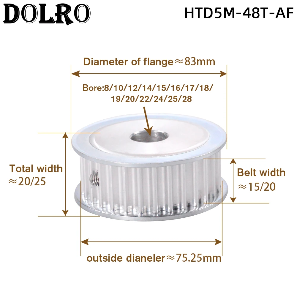 Зубчатый шкив HTD5M 48 зубьев отверстие 8/10/12/14/15/16/17/18/19/20/22/24/25/28 мм ширина 15/20