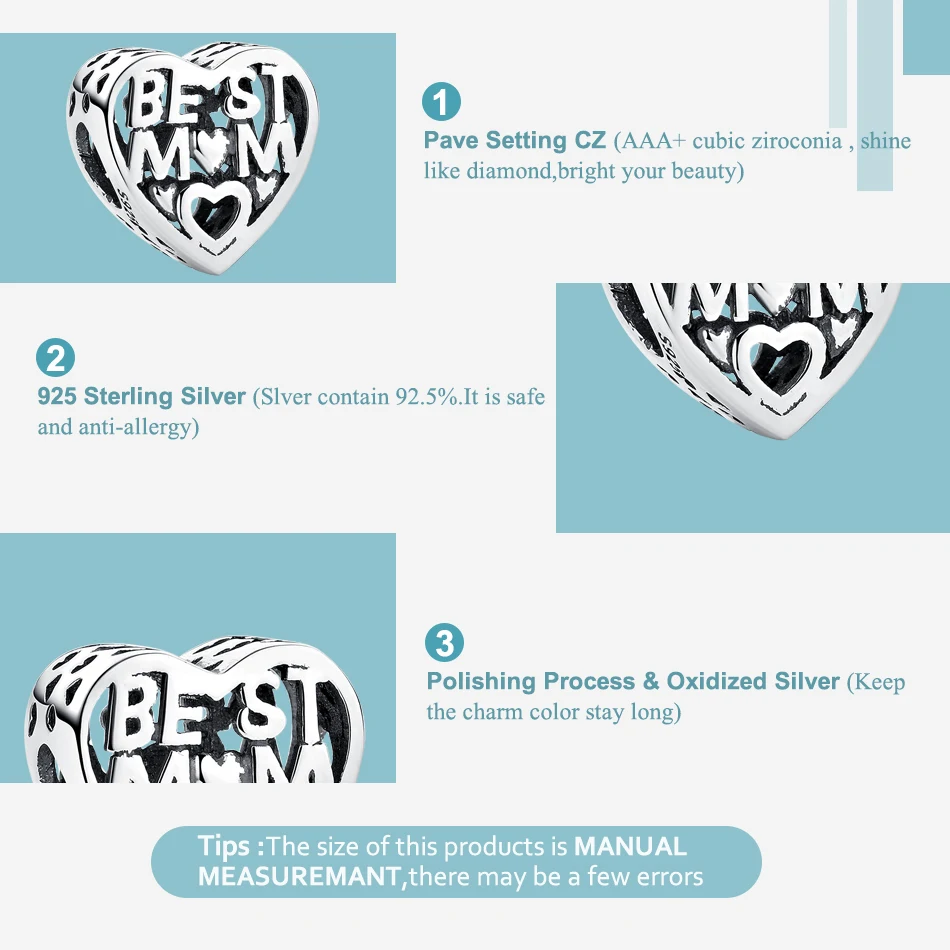 ELESHE Real 925 Sterling Silver Best MOM Heart Beads Charms Fit Original Bracelet Necklace DIY Jewelry Making Mother's Day Gift |