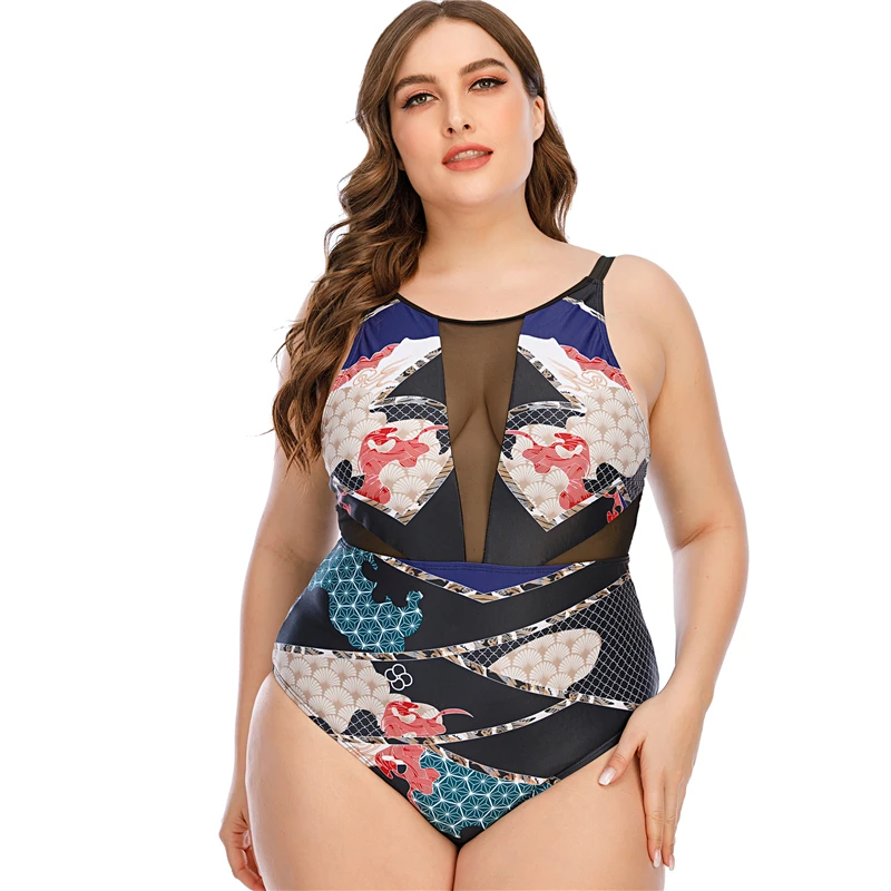 

2022 Summer Plus Size 5XL Swimwear Women One Piece Swimsuit Monokini Female Sexy Mesh Swimming Bodysuit Beachwear Bather