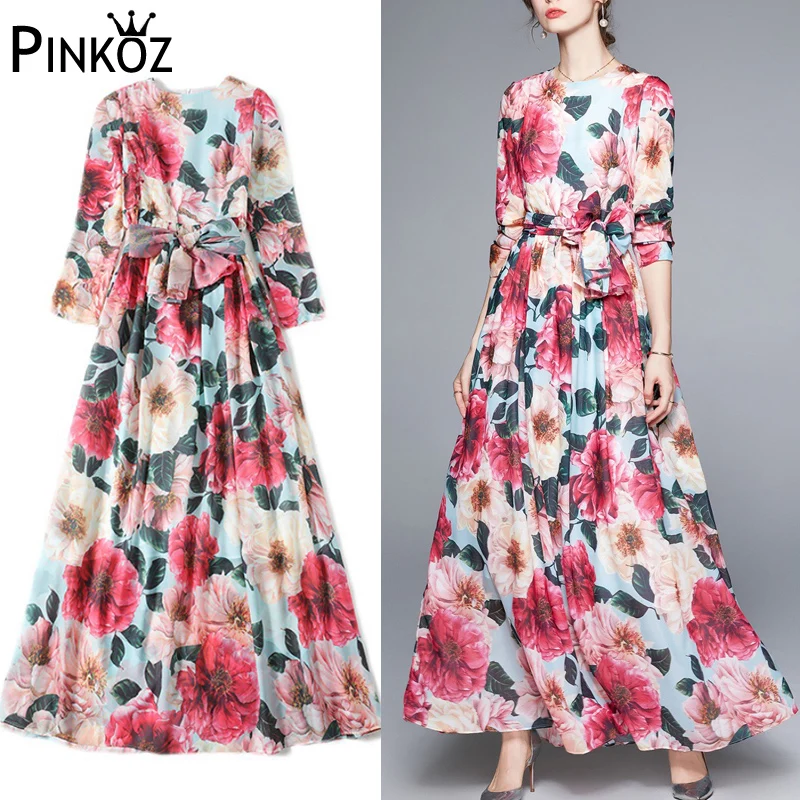 Женское платье до середины икры Pinkoz праздничное с длинным рукавом и цветочным