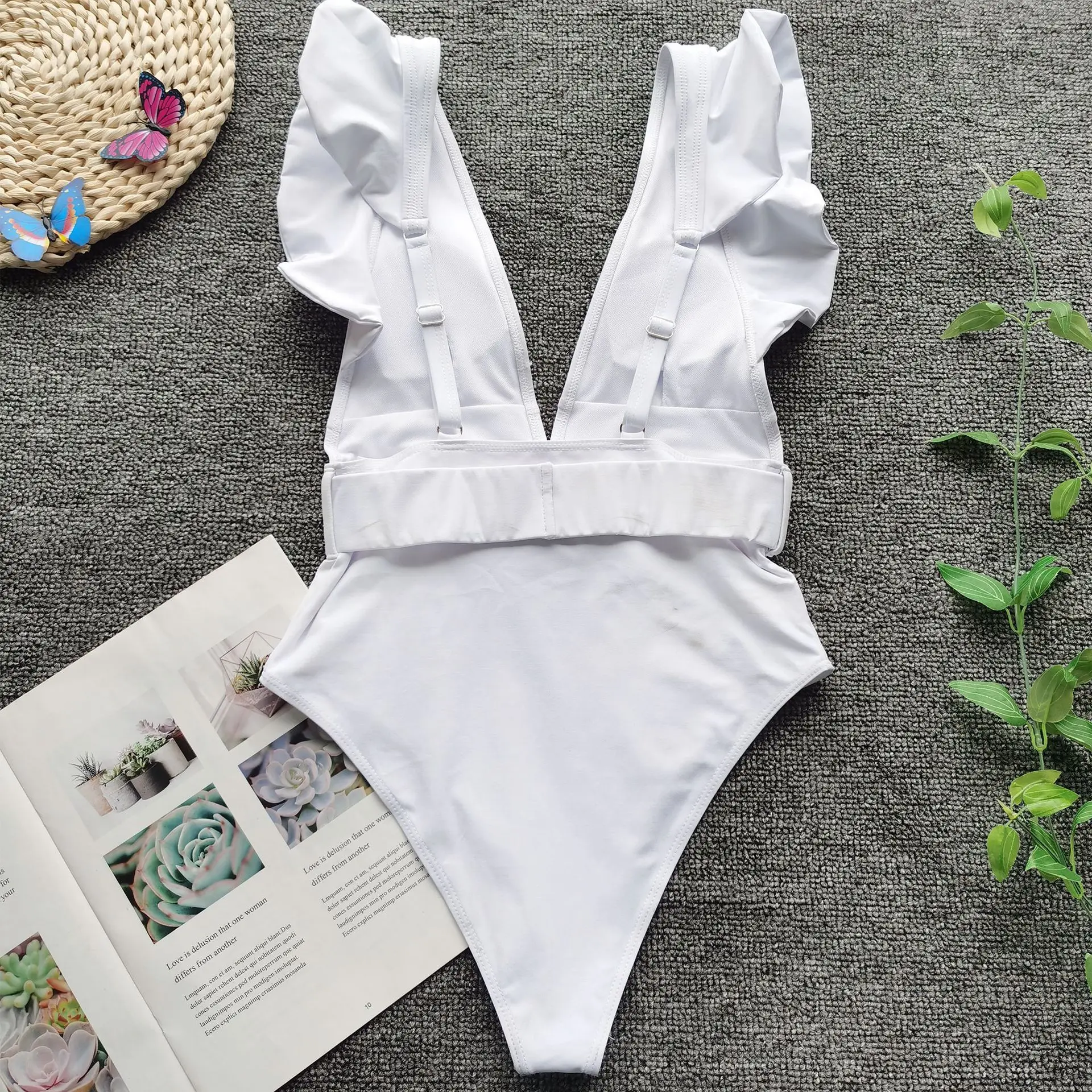 

sexy monokini women one piece swimsuit white v-neck backless ruffle bathing suit swimwear with belt