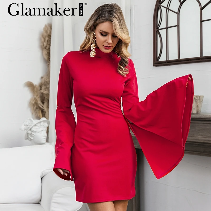 Glamaker, длинное, расклешенное, красное, осеннее платье, женское, элегантное, женское, Мини Короткое платье, вечерние, для ночного клуба, сексуальное, облегающее, зимнее платье