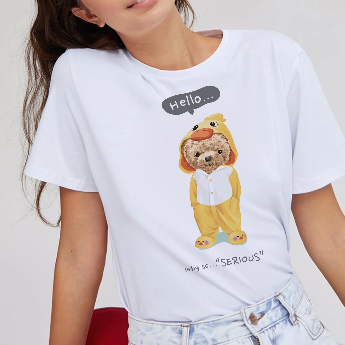 BLINGPAW-Camisetas estampadas de oso de peluche, camiseta de Hello Why So Serious con letras estampadas, Top de algodón Unisex, camisetas personalizadas de verano