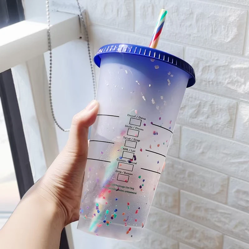 

710ml Confetti Straw Cup With Lid Logo Reusable Color Changing Coffee Mug Plastic Water Bottle Matte Juice Cup Tumbler Кружка