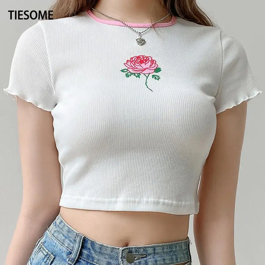 

TIESOME Rose Print T Shirt Summer Slim Short Top Women O-neck Tops Tee 2020 Cute Fungus Short Sleeve White Tee Shirt Flowers Top