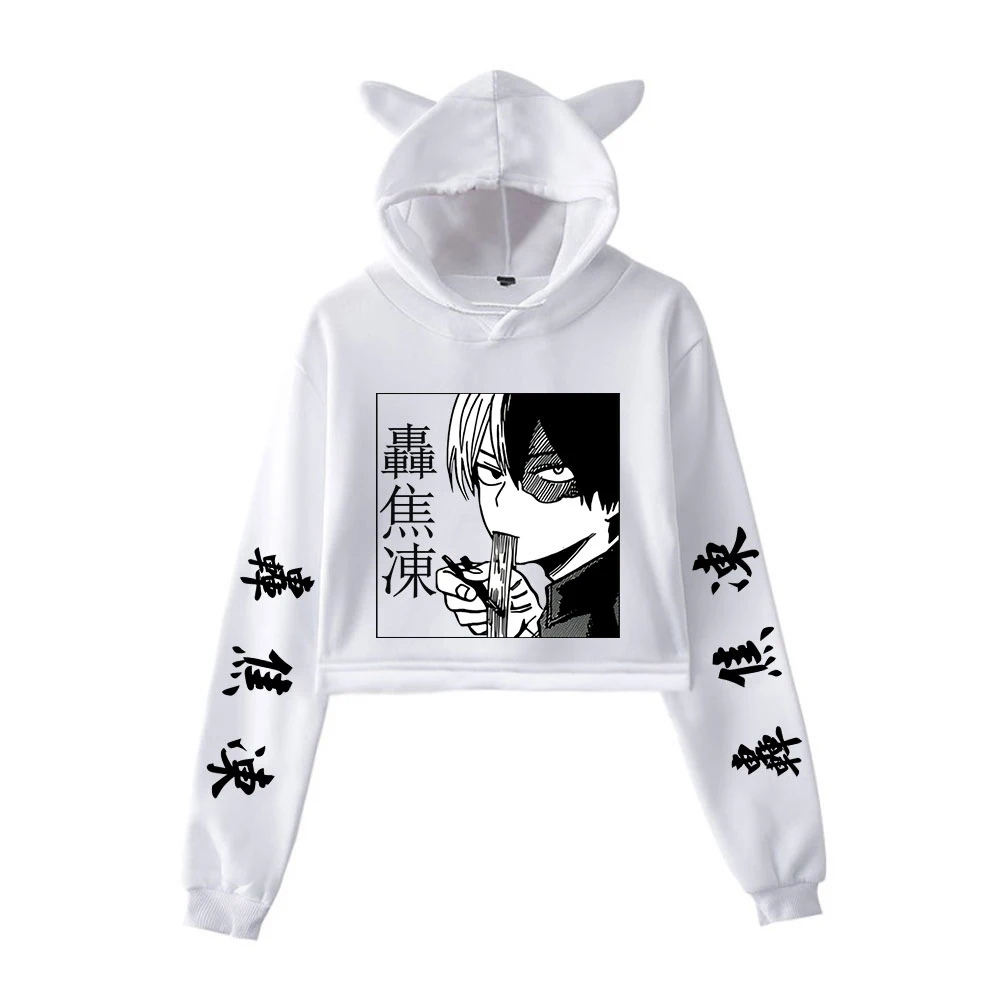 

Funny My Hero Academia Cat ear Cropped Hoodies womens Sweatshirt Crop Top girl Hooded Anime Shoto Todoroki pullover tops