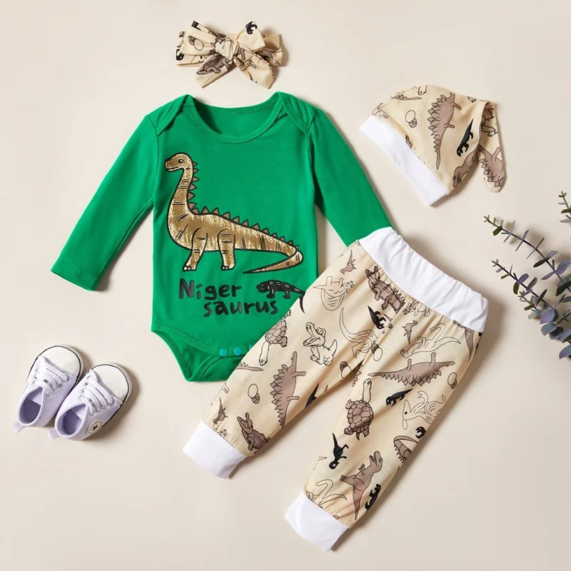

Spring Fall Newborn Baby Clothes 4 Pcs Cartoon Dinosaur Long Sleeve Rompers+trousers+hat+headband Cotton Baby Boy Clothes 0-12M