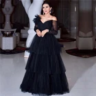 Женское вечернее платье с открытыми плечами, черное ТРАПЕЦИЕВИДНОЕ ПЛАТЬЕ с длинными рукавами и V-образным вырезом для выпусквечерние вечера, 2021