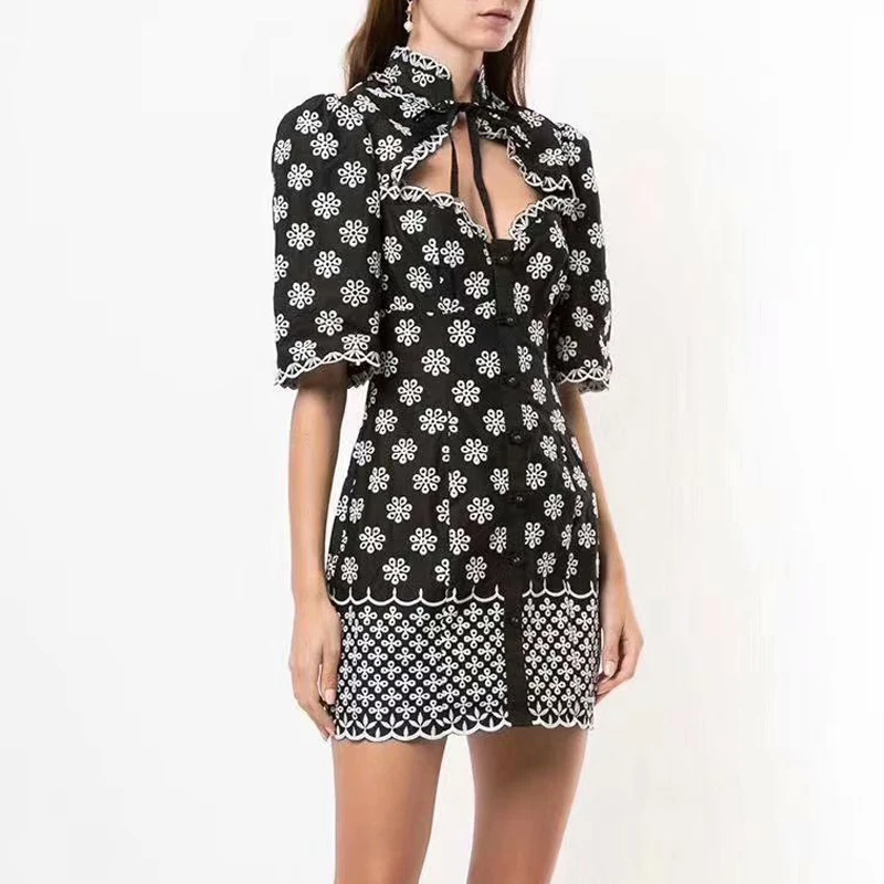 

Summer Floral Embroidery Women Dress Bow Tie Hollow Out Knee Length Casual Dress Short Sleeve Bohemian VIntage Party Dress