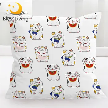 BLessliving Maneki Neko Cushion Cover Beckoning Cat Pillow Case Japanese Lucky Cat Throw Pillow Cover Cartoon Home Decor 45cm 1