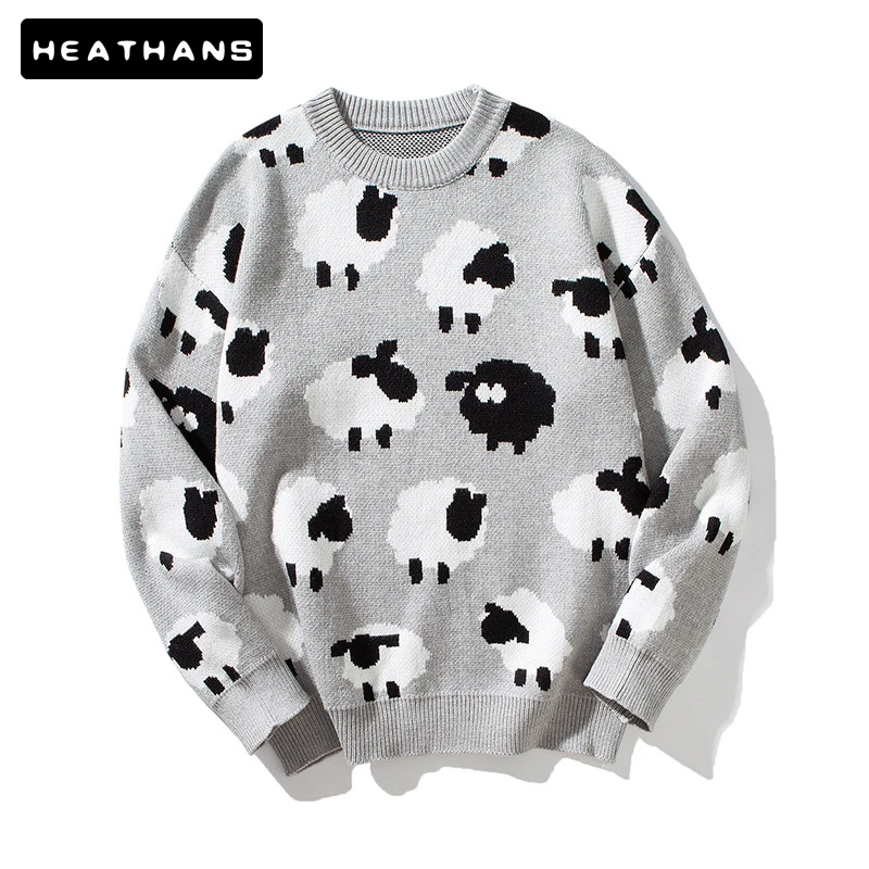 

O-Neck Men Sweater Cartoon Sheep Print Sweater Men's 2021 Autumn Winter New Loose Pullover Knitted Sweater Couple Bottoming Top