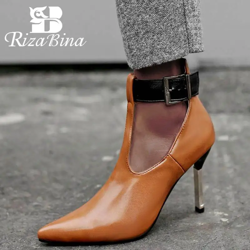 RizaBina/женские туфли-лодочки размера плюс 32-48 модные пикантные женские туфли на высоком каблуке с острым носком и Т-образным ремешком и пряжкой, вечерние туфли на шпильке
