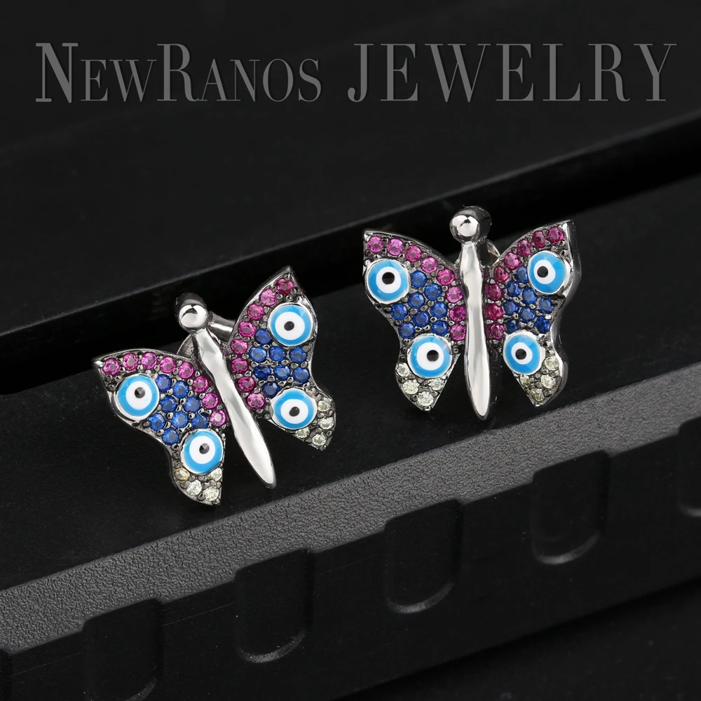 Женские серьги бабочки из серебра 925 пробы с разноцветным